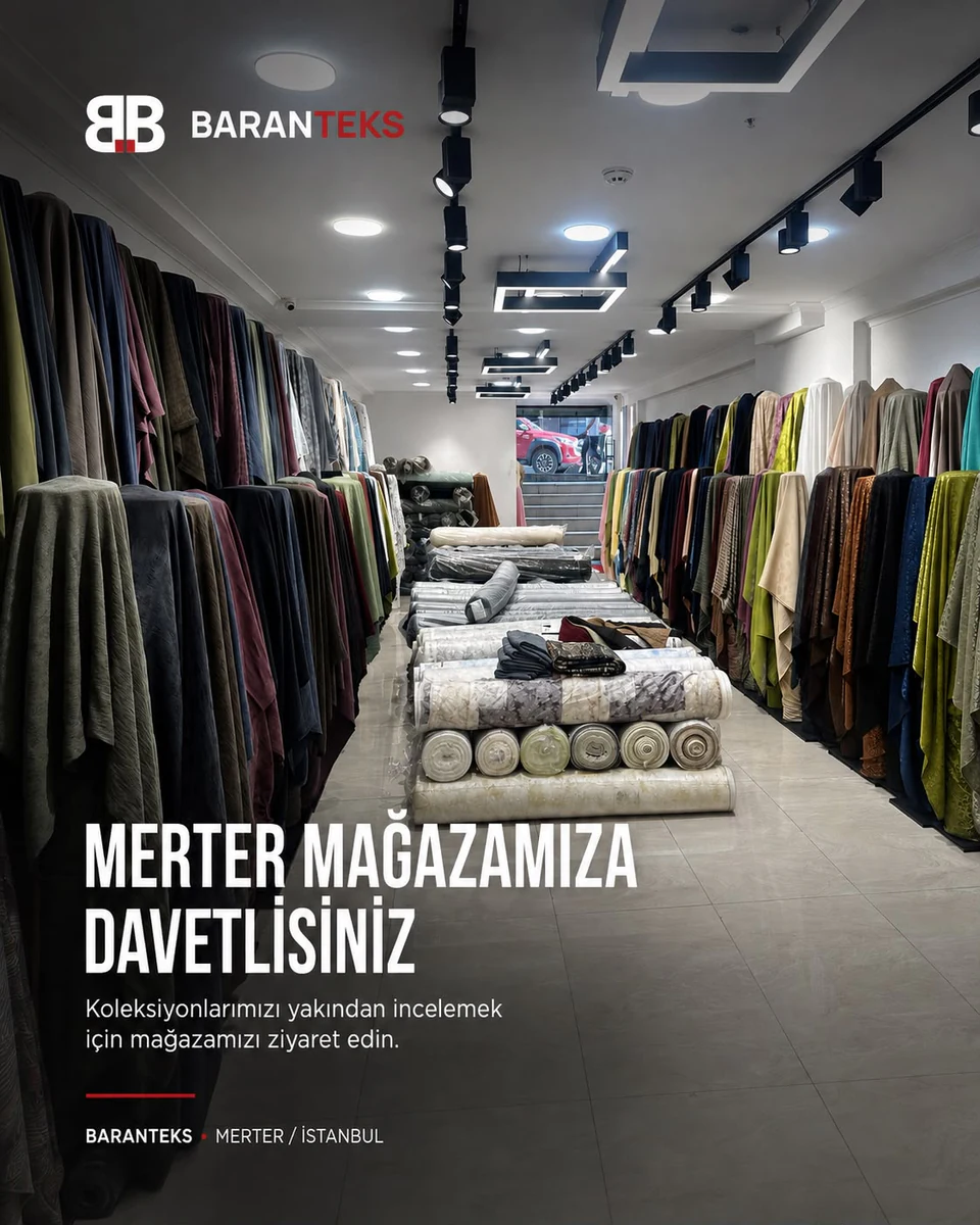 Baranteks Merter mağazasında sergilenen kumaş koleksiyonları.